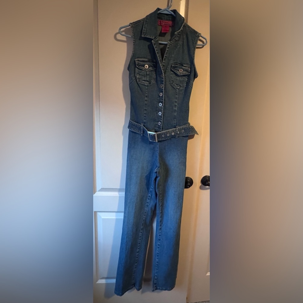 2000s Y2K Vintage Hot Kiss Blue Denim Jeans Overalls with Belt Size Small